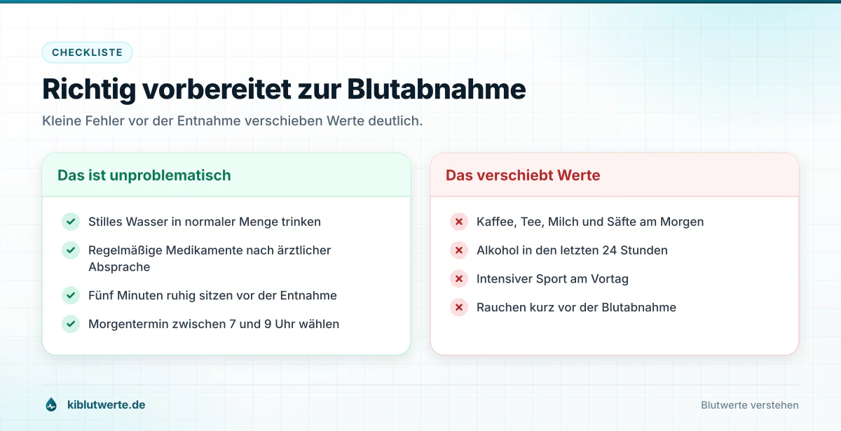 Checkliste mit erlaubten Verhaltensweisen und typischen Fehlern vor einer Blutabnahme in zwei Spalten