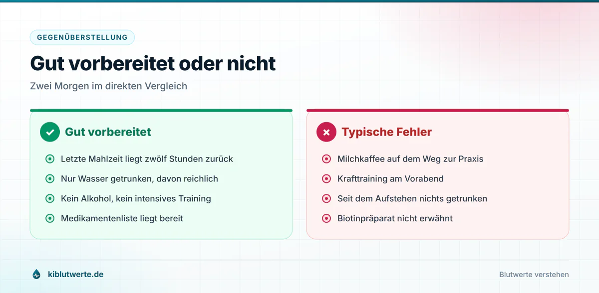 Gegenüberstellung einer guten Vorbereitung auf die nüchterne Blutabnahme und typischer Fehler vor dem Termin