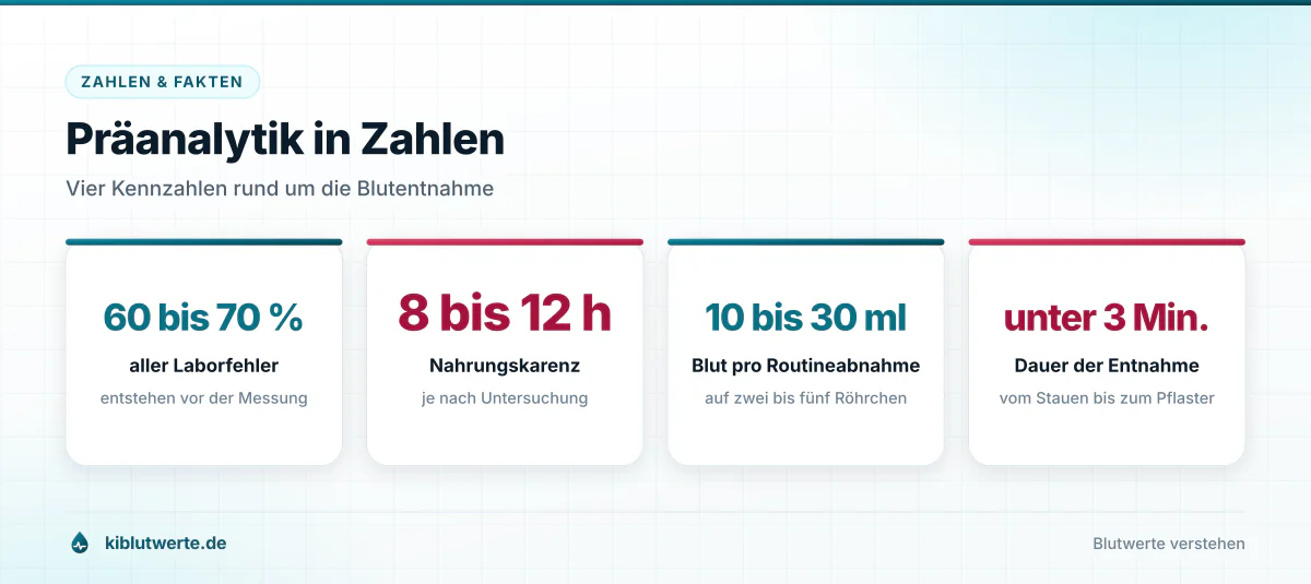 Infografik mit vier Kennzahlen zur Blutabnahme: Anteil präanalytischer Fehler, Nüchternzeit, Blutmenge und Dauer