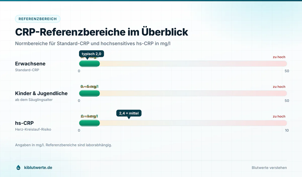Skalendiagramm der CRP Wert Referenzbereiche mit grün markierten Normzonen für Erwachsene, Kinder und das hs-CRP