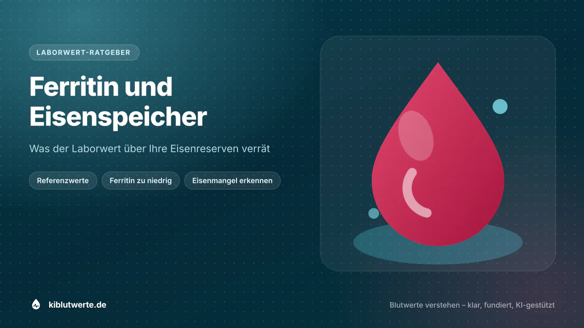 Ferritin und Eisenspeicher Titelbild zum Laborwert Ferritin mit Bluttropfen-Motiv und Stichworten zu Referenzwerten und Eisenmangel