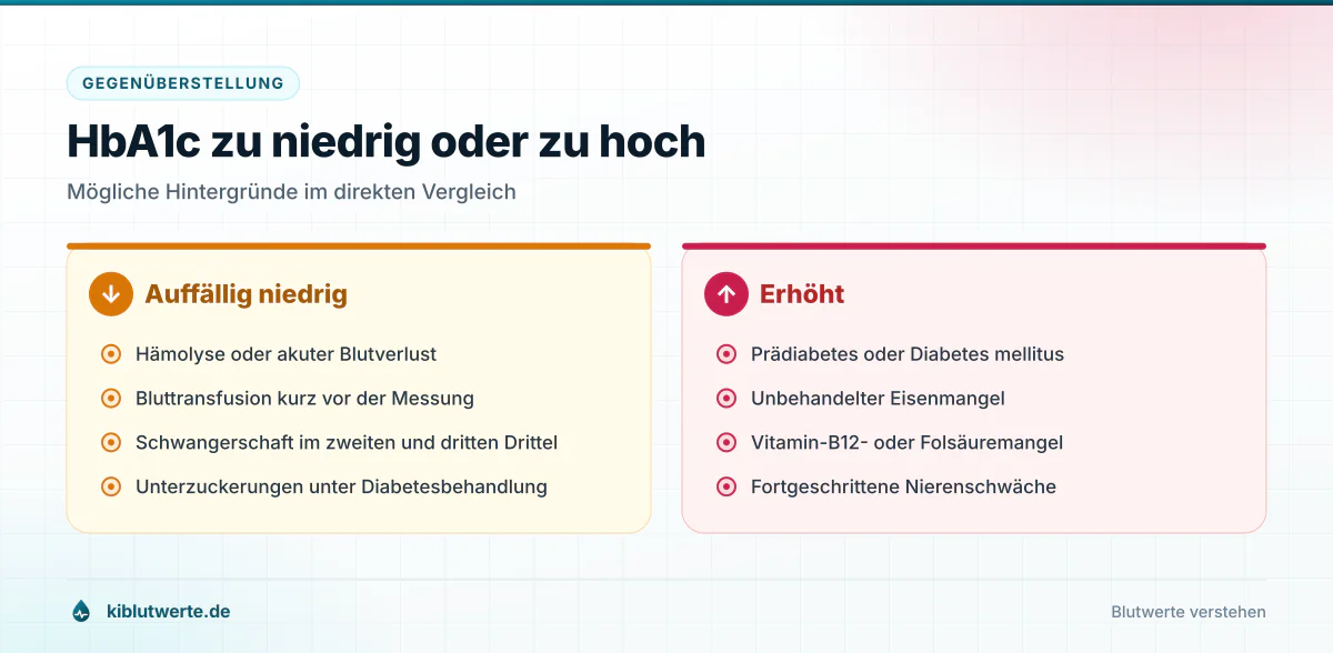 Gegenüberstellung möglicher Ursachen für einen zu niedrigen und einen zu hohen HbA1c Wert in zwei Spalten