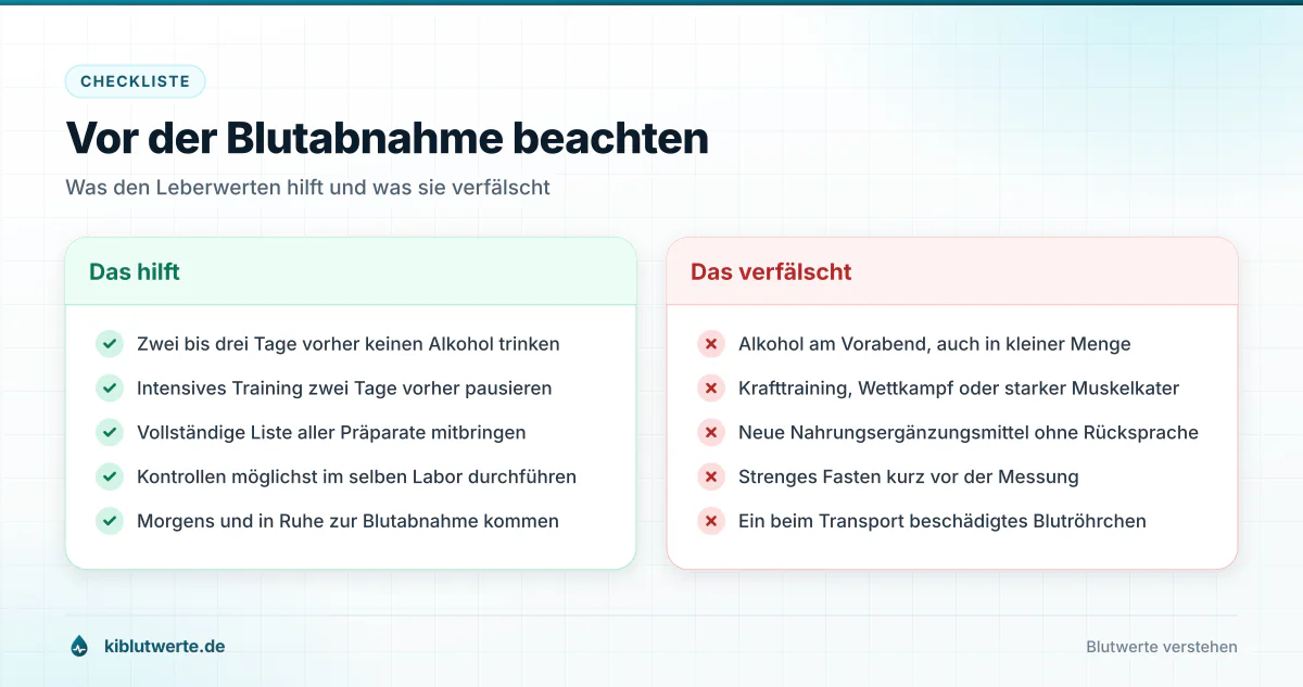 Checkliste mit hilfreichen Maßnahmen und typischen Störfaktoren vor einer Blutabnahme zur Bestimmung der Leberwerte