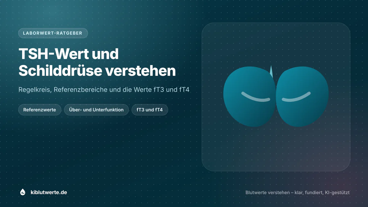 TSH-Wert und Schilddrüse verstehen Titelgrafik zum TSH-Wert mit stilisierter Schilddrüse und den Stichworten Referenzwerte, Über- und Unterfunktion